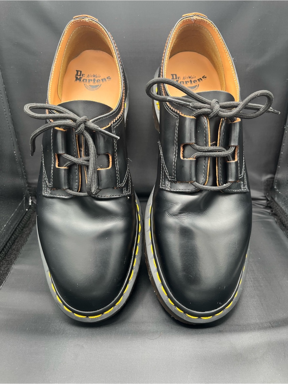 Dr. Martens Black Leather 3-Eye Derby with Yellow Welt Stitching